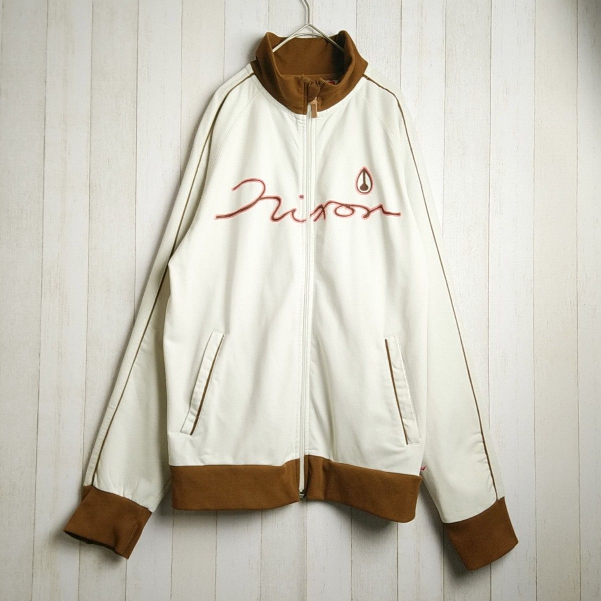 【古着】トラックジャケット L ホワイト ブラウン 刺繍 バイカラー ジャージ ピンク 白 レア 希少 美品 80s 上