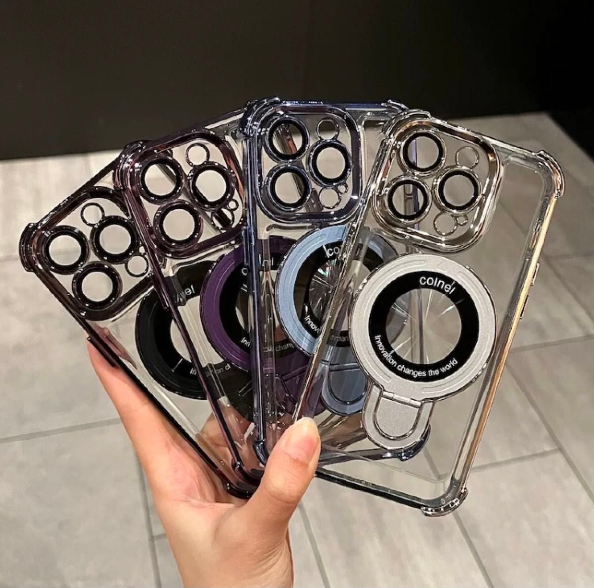 iPhone 15 ケース シルバー メッキ加工 磁気吸引 リング スタンド付き カメラ レンズ フルカバー 大人気ケース♪