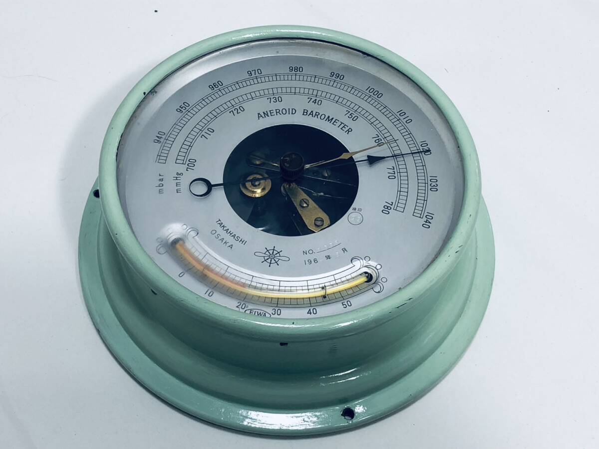 【船舶用 気圧計 昭和レトロ 】 TAKAHASHI アネロイド バロメーター 1964年製 温度計付 アンティーク ANEROID BAROMETERの画像1