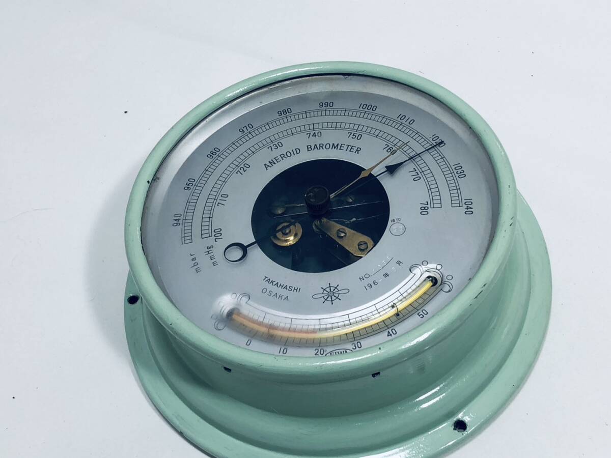 【船舶用 気圧計 昭和レトロ 】 TAKAHASHI アネロイド バロメーター 1964年製 温度計付 アンティーク ANEROID BAROMETERの画像6