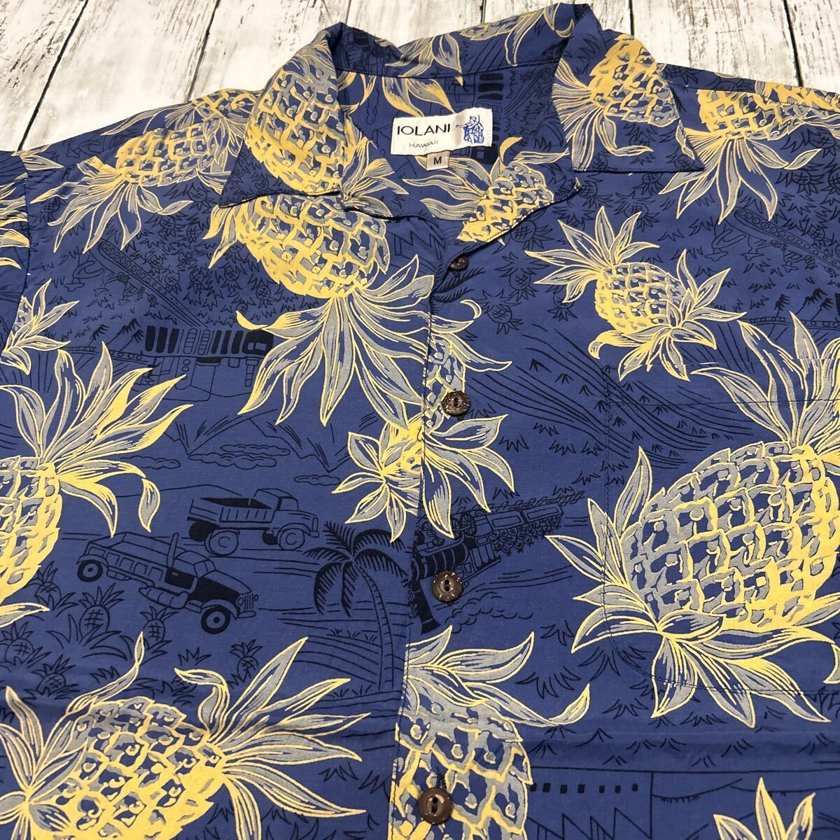 90s USA製 IOLANI HAWAII 総柄 柄合わせ 開襟 オープンカラー パイナップル ハワイアン アロハシャツ 半袖シャツ レーヨン100%の画像2
