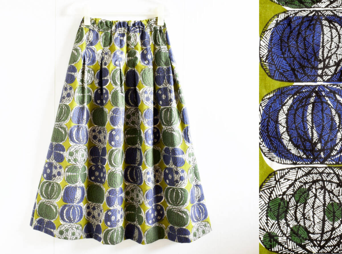  cotton flax Kokka/ olive . sphere leek / Africa n pattern / tuck gathered skirt / easy М