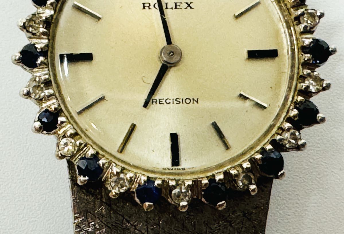 3701 ☆ 1円〜 ROLEX ロレックス PRECISION 18K 刻印 ダイヤ サファイア 手巻き アフターベゼル アフターベルト腕時計 稼動中 現状渡し の画像3