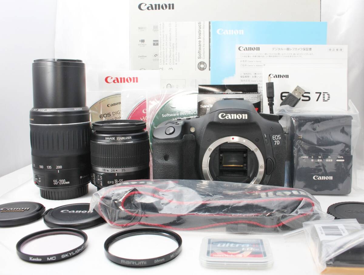 ★【限定！美品 スターティングセット CFカード付き】 Canon EOS 7D ★ EF-S18-55mm IS EF55-200mm II USM_画像1