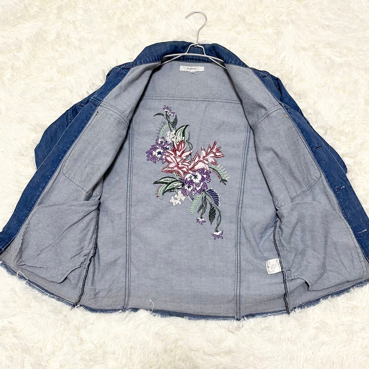 MURRAL ミューラル 花 刺繍 ボタニカル デニムジャケット カバーオール M Gジャン フラワー インディゴ ライトアウター