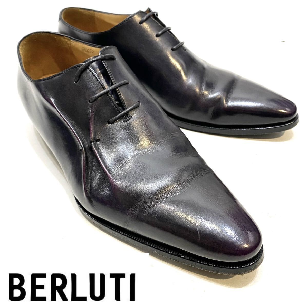 BERLUTI アシンメトリー パティーヌレザードレスシューズ ベルルッティ アレッサンドロ ビジネスshoes 革靴 ダービー オックス 黒×紫系 6の画像1