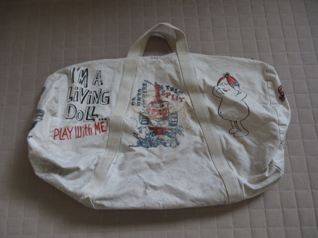 USA made Vintage 60S 70S BORO ..BORO white canvas BAG big bag VINTAGE hot rod multi print ED ROTH stencil 