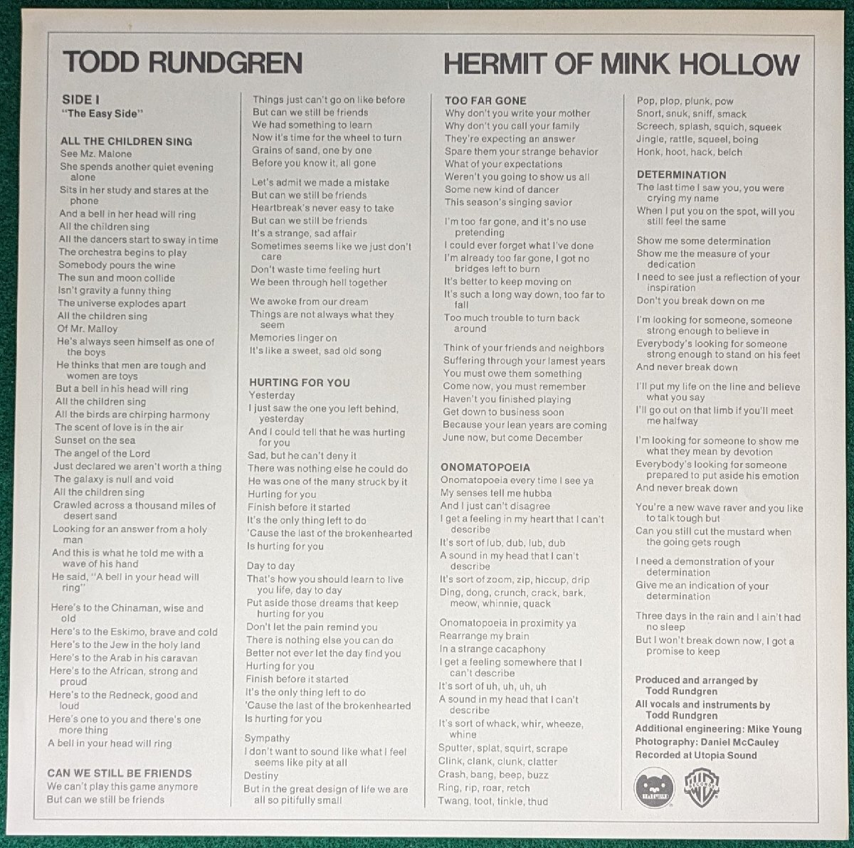 中古LP「HERMIT OF MINK HOLLOW / ミンク・ホロウの世捨て人」TODD RUNDGREN / トッド・ラングレン_画像4