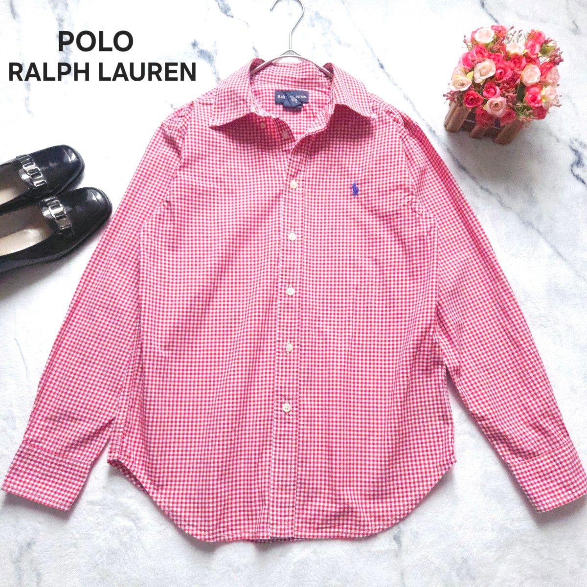 ポロラルフローレン POLO RALPH LAUREN  長袖シャツ ギンガムチェック 赤 白 M~Lサイズ  美品