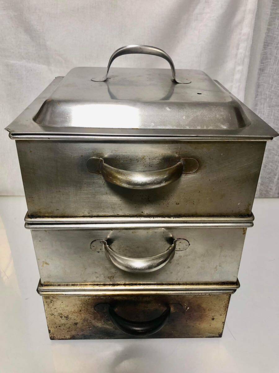 BIG SALE ★★おすすめ★★STAINLESS USED SQUARE STEAMER 33業務用角蒸器 30×30cm高さ38㎝3段三段調理器具 スチーマー セイロ 蒸籠蒸し器の画像1