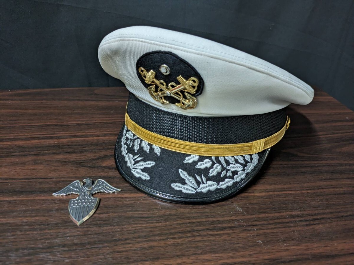 WWII WW2 米軍 海軍 将官 キャプテン 制帽 白 帽章付 アメリカ軍 レプリカ 複製 新品 キャップ 帽子 US 将校帽 訳あり品_画像1