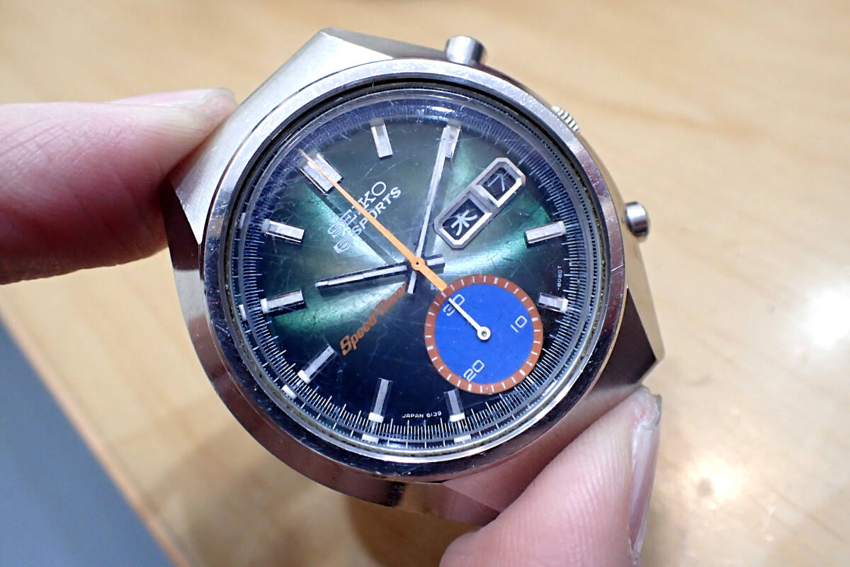 激レア セイコー/SEIKO 5スポーツ クロノグラフ/スピードタイマー ◆ 6139-8040 グリーン文字盤 自動巻きメンズ腕時計_画像1