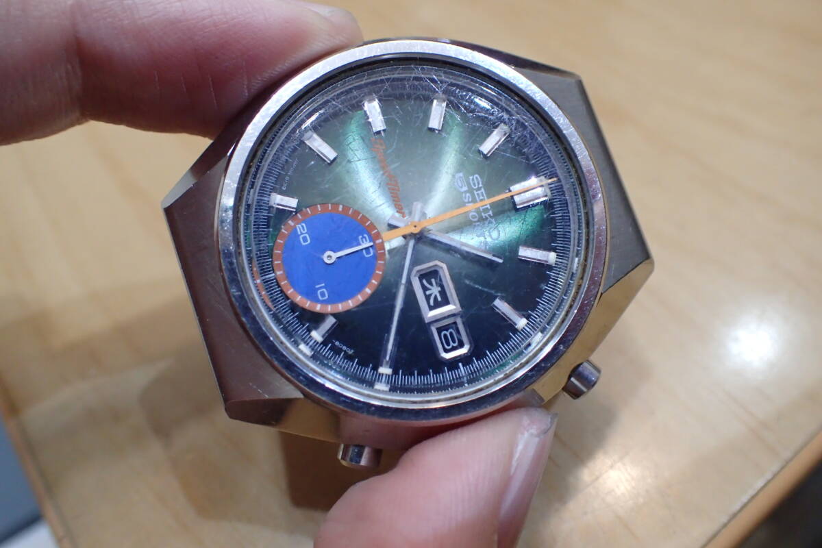 激レア セイコー/SEIKO 5スポーツ クロノグラフ/スピードタイマー ◆ 6139-8040 グリーン文字盤 自動巻きメンズ腕時計_画像4