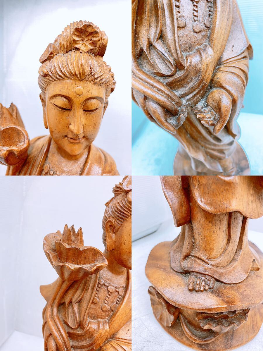 観音菩薩立像 重さ約1kg 高さ約42.5cm 細密彫 木製 仏像 骨董 置物 飾物 仏教美術 伝統工芸品 蓮花 オブジェ 繊細彫刻 コレクション 観音様の画像6