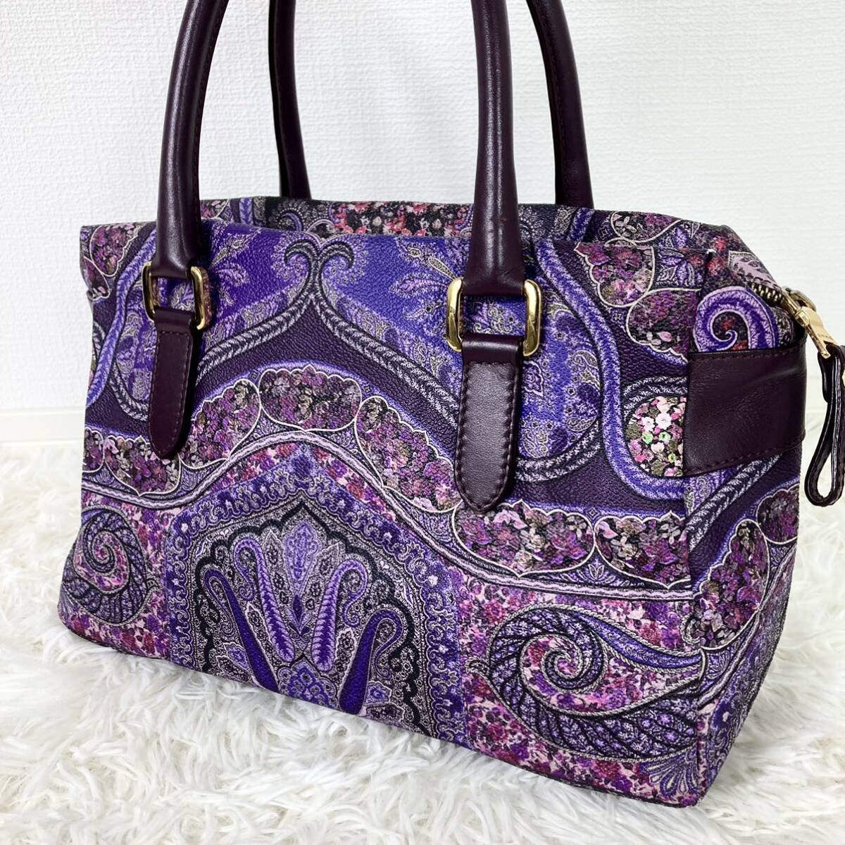 1円【希少色 美品】ETRO エトロ ペイズリー トートバッグ ボストン 総柄 PVC 本革 レザー 肩掛け 大容量 メンズ レディース_画像1