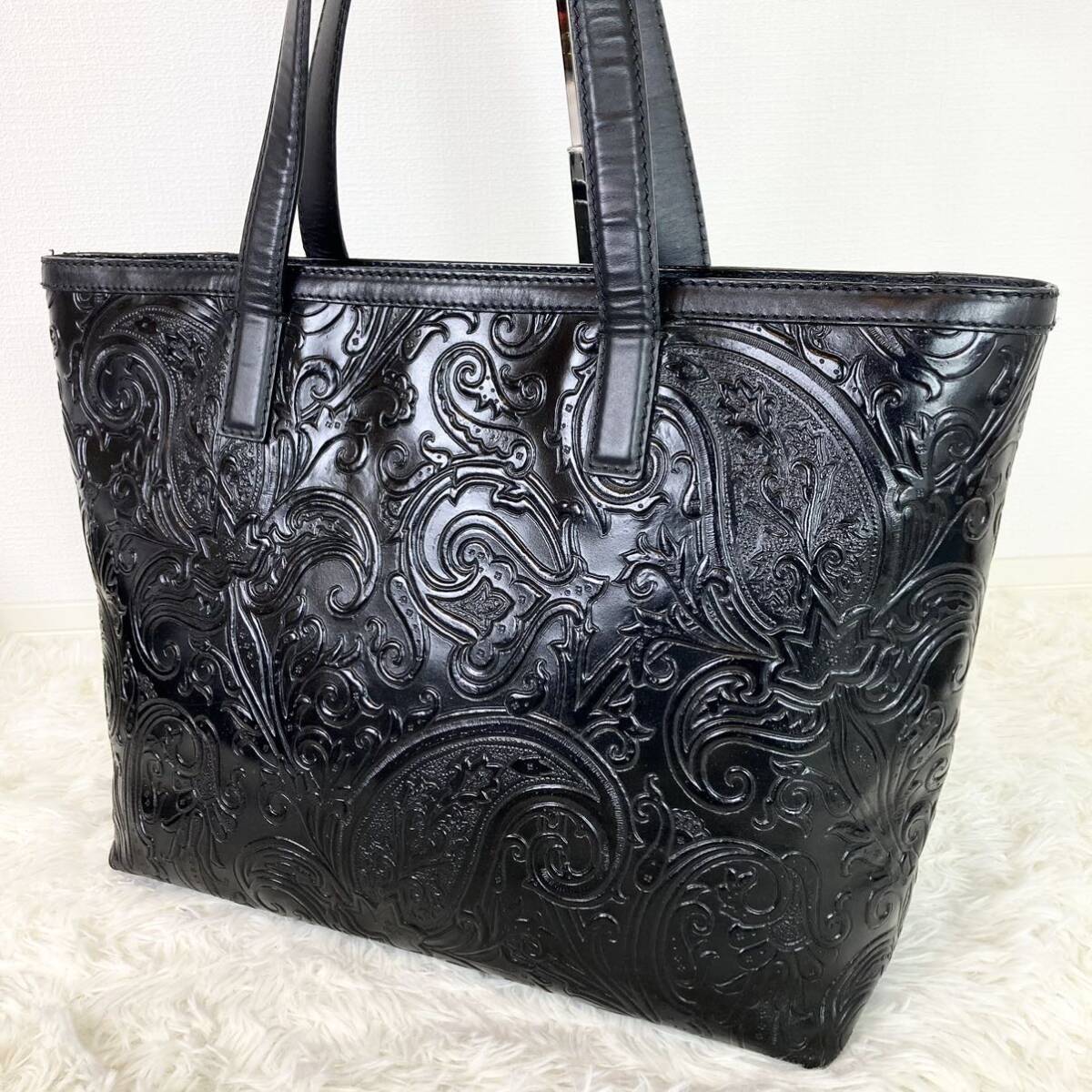 1 jpy [ ultimate beautiful goods hard-to-find ]ETRO Etro maru goto tote bag A4* black black business leather leather shoulder ..* total pattern men's peiz Lee 