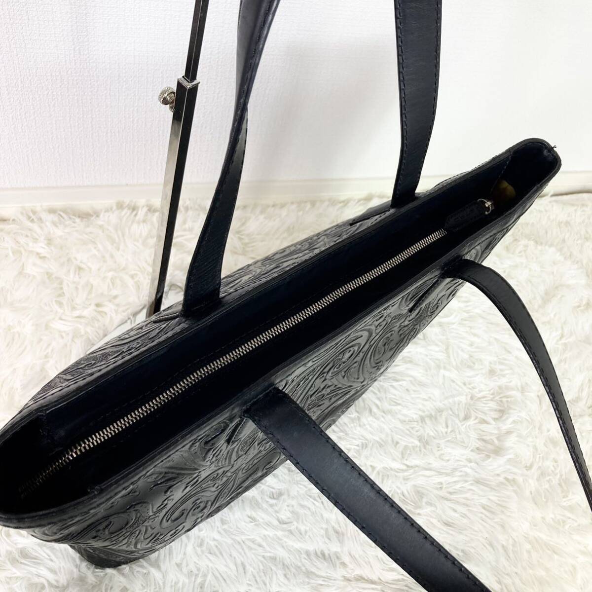 1 jpy [ ultimate beautiful goods hard-to-find ]ETRO Etro maru goto tote bag A4* black black business leather leather shoulder ..* total pattern men's peiz Lee 