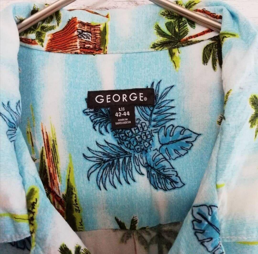 【GEORGE（ジョージ）】アロハシャツ　Ｌサイズ　水色（柄）青　半袖　ヤシの木半袖