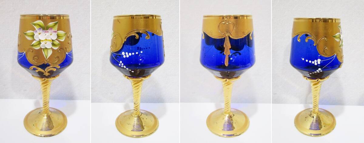 《ジャムルK》Ko0422-68◆ベネチアンガラス 金彩 デキャンタ・グラス6客セット ワイングラス ゴブレット 水差し 花装飾 金×青の画像5