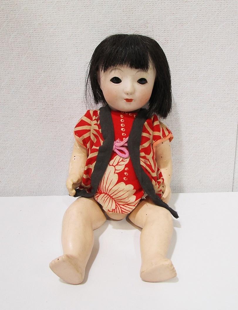 《ジャムルK》Ko0422-74◆送料無料◆日本人形 ビスクドール スリープアイ 陶磁器 子供 少女 レトロ 全長：27.5cm 古いの画像1