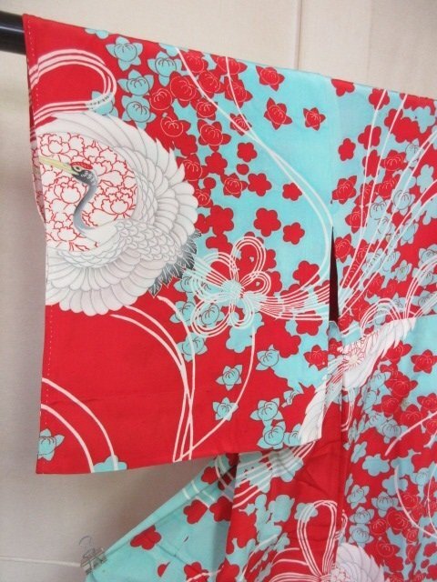 1円 中古 正絹 長襦袢 縮緬 紅絹 女性用 アンティーク レトロ 薬玉 鶴 橘 草花 可愛い 袷 身丈124cm 裄64cm【夢職】★★★_画像5