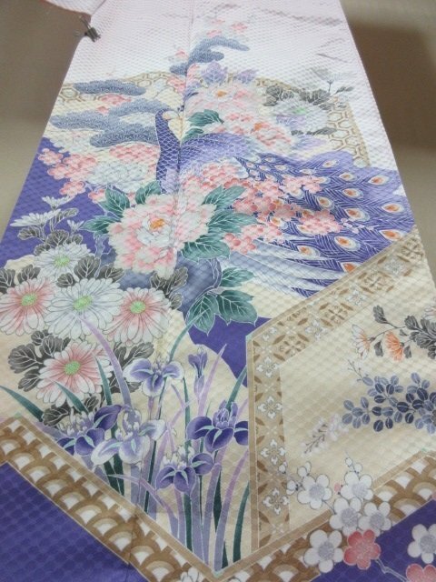 1円 良品 正絹 着物 訪問着 縮緬 入学 卒業 花喰い鳥 裂取 四季花 草花 おしゃれ 高級 袷 身丈156cm 裄65cm【夢職】★★★_画像4