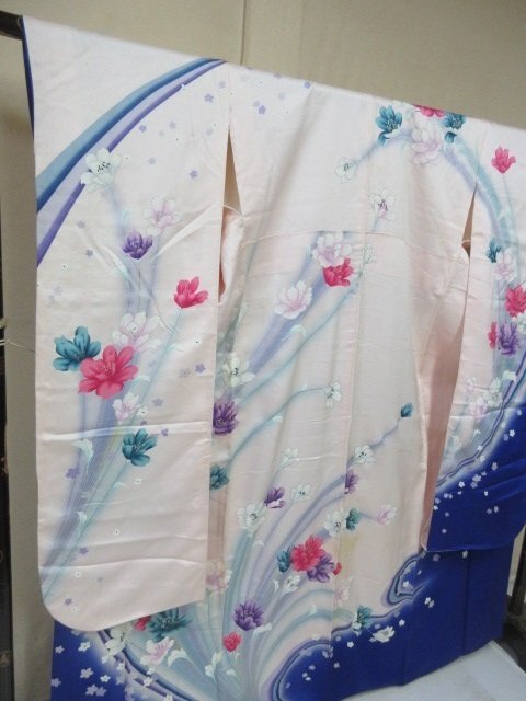 1 jpy used silk kimono long-sleeved kimono ... industry go in . dyeing dividing blow .... flower .. high class . length 153cm.67cm[ dream job ]***