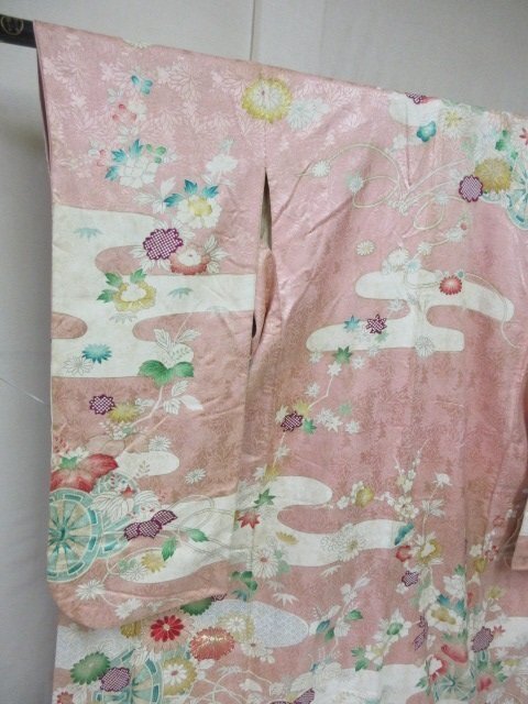 1 jpy used silk kimono long-sleeved kimono .. type . Japanese clothes antique flower car . place car ... flower stylish . length 160cm.62cm[ dream job ]***