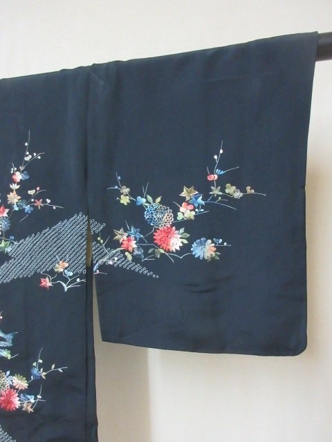 1 jpy superior article silk feather woven Japanese clothes coat .. black . none embroidery aperture stop .. leaf maple branch flower stylish high class . length 70cm.61cm[ dream job ]***
