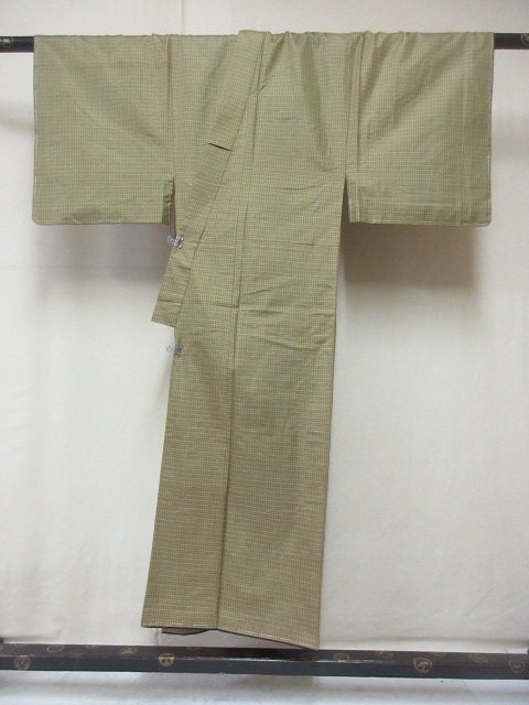 1 jpy superior article silk kimono length put on pongee for man Japanese clothes antique yellow . height .. stylish high class . length 139cm.64cm * excellent article *[ dream job ]****