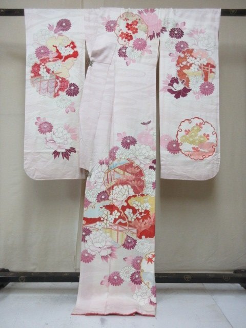 1 jpy superior article silk kimono long-sleeved kimono .. type . Japanese clothes snow wheel ... branch flower floral print high class . length 162cm.62cm * excellent article *[ dream job ]****