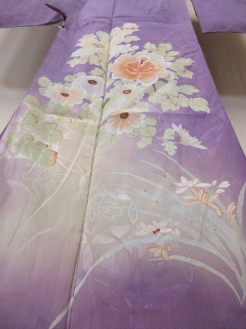 1 jpy used silk kimono visit wear .. type . Japanese clothes antique retro .. Cosmos . flower high class . length 149cm.60cm * excellent article *[ dream job ]****