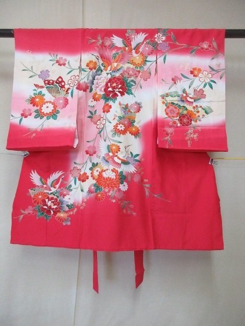 1 иен хорошая вещь натуральный шелк женщина . ребенок кимоно .. "Семь, пять, три" японский костюм производство надеты бабочка цветок .. птица журавль цветочный принт высококлассный . длина 99cm. ширина 46cm[ сон работа ]***
