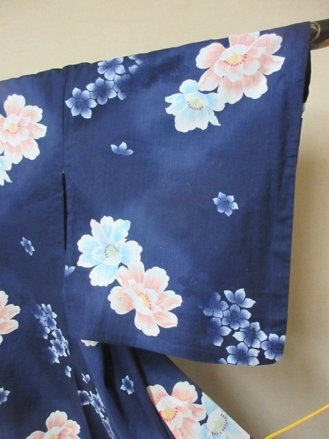 1円 良品 木綿 綿 浴衣 祭り 花火 和装 和服 紺 花柄 暈し グラデーション お洒落 可愛い 身丈160cm 裄68cm【夢職】★★★