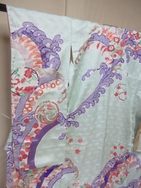 1 jpy superior article silk kimono long-sleeved kimono .. type . Japanese clothes Japanese clothes light blue Hanamaru wave floral print flower Tang . high class . length 157cm.64cm * excellent article *[ dream job ]****