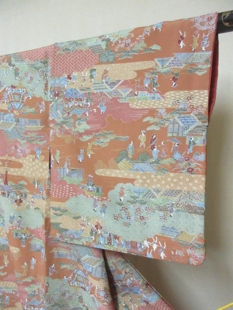 1円 良品 正絹 着物 小紋 縮緬 和装 和服 江戸町風景 下町 人物 家屋 可愛い お洒落 高級 袷 身丈150cm 裄66cm【夢職】★★★_画像6