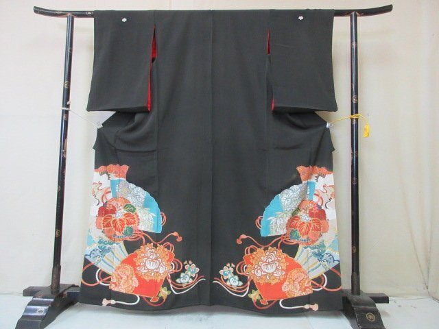 1円 良品 正絹 着物 留袖 縮緬 紅絹 アンティーク 大正ロマン 扇子 花丸 扇 草花 古典文様 高級 袷 身丈153cm 裄64cm【夢職】★★★の画像1