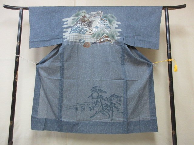 1円 良品 化繊 長襦袢 男性用 浮世絵 ヱ霞 格子 扇子 雪輪 鍔 城 高級 渋カッコいい 袖無双 身丈132cm 裄69cm【夢職】★★★の画像2