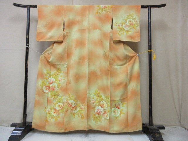 1円 良品 正絹 着物 訪問着 縮緬 入学 卒業 グラデーション 牡丹 草花 花柄 高級 袷 身丈150cm 裄63cm【夢職】★★★_画像1