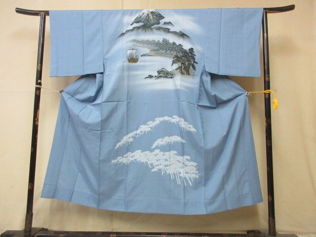 1 jpy superior article silk long kimono-like garment for man ukiyoe Mt Fuji boat pine pine . sea scenery high class . good-looking . length 137cm.71cm[ dream job ]***