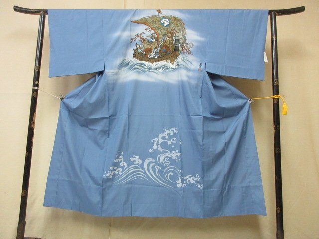 1 jpy superior article .. long kimono-like garment for man ukiyoe Treasure Ship wave . wave high class . good-looking sleeve peerless length 134cm.70cm[ dream job ]***