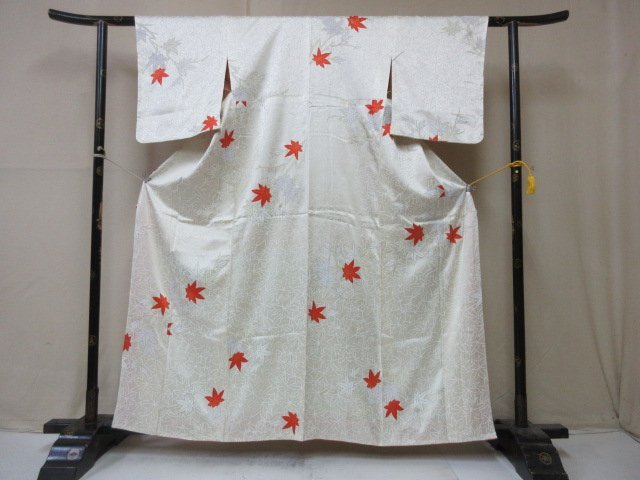 1円 良品 正絹 着物 訪問着 縮緬 式典 和装 吹き寄せ 紅葉 楓 枝花 草花 おしゃれ 高級 袷 身丈149cm 裄61cm【夢職】★★★_画像1