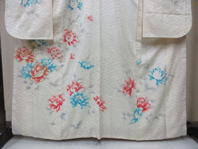 1 jpy used silk kimono long-sleeved kimono .. Japanese clothes type . white antique ... flower floral print high class . length 153cm.66cm[ dream job ]***