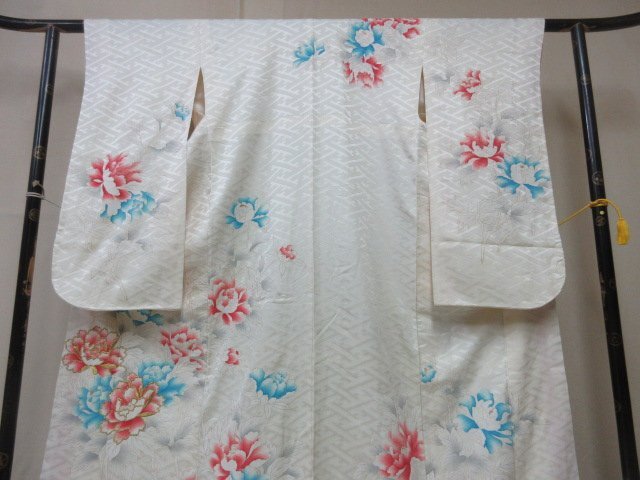 1 jpy used silk kimono long-sleeved kimono .. Japanese clothes type . white antique ... flower floral print high class . length 153cm.66cm[ dream job ]***