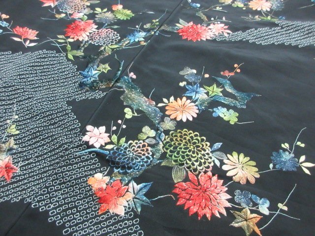1 jpy superior article silk feather woven Japanese clothes coat .. black . none embroidery aperture stop .. leaf maple branch flower stylish high class . length 70cm.61cm[ dream job ]***
