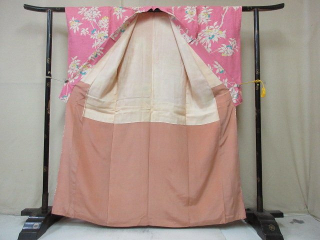 1 иен б/у натуральный шелк кимоно .... японский костюм античный retro ветка цветок ветка лист цветочный принт модный высококлассный . длина 153cm.60cm[ сон работа ]***