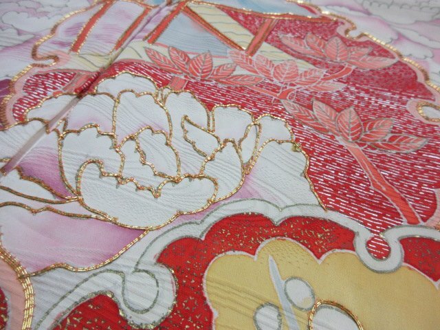 1 jpy superior article silk kimono long-sleeved kimono .. type . Japanese clothes snow wheel ... branch flower floral print high class . length 162cm.62cm * excellent article *[ dream job ]****