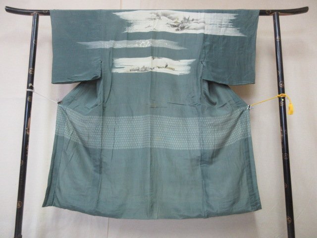 1 jpy used silk long kimono-like garment for man Japanese clothes antique scenery . house shop ukiyoe stylish high class . good-looking . length 127cm.61cm[ dream job ]***