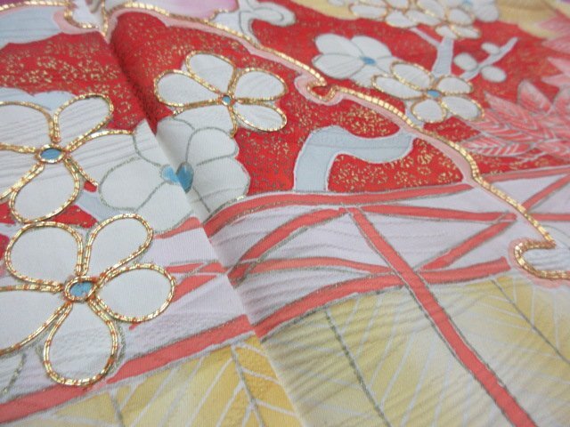 1 jpy superior article silk kimono long-sleeved kimono .. type . Japanese clothes snow wheel ... branch flower floral print high class . length 162cm.62cm * excellent article *[ dream job ]****