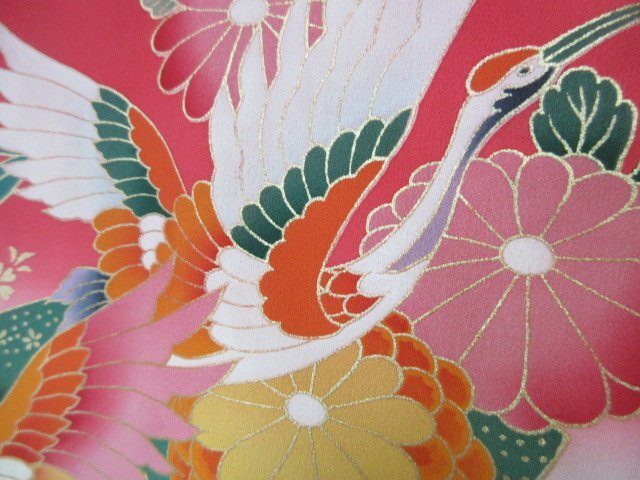 1 иен хорошая вещь натуральный шелк женщина . ребенок кимоно .. "Семь, пять, три" японский костюм производство надеты бабочка цветок .. птица журавль цветочный принт высококлассный . длина 99cm. ширина 46cm[ сон работа ]***